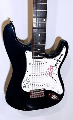 BLUE FENDER SQUIER BULLET STRAT ELECTRIC GUITAR - RICK DERRINGER SIGNED