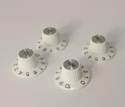 WITCH HAT KNOBS (4) SET FOR FENDER & GIBSON GUITARS WHITE SILVER CAP JAPAN
