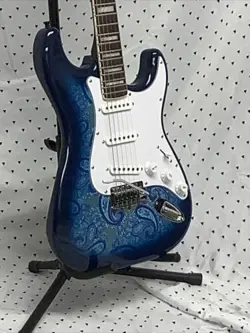 BLUE PAISLEY ELECTRIC GUITAR ASSEMBLED FROM MOSTLY FENDER PARTS.  ST STYLE