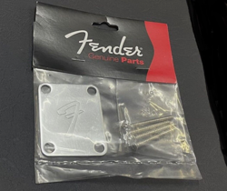 GENUINE FENDER NECK PLATE & SCREW '70S STRAT GUITAR BASS 4 BOLT F LOGO CHROME