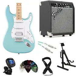 SQUIER SONIC STRATOCASTER HSS ELECTRIC GUITAR AND FENDER AMP BUNDLE - TROPICAL