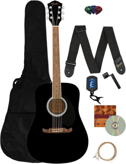 FENDER DREADNOUGHT ACOUSTIC GUITAR - BLACK BUNDLE WITH GIG BAG, STRAP, STRINGS,