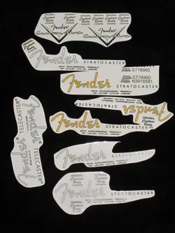 FENDER STRATOCASTER WATERSLIDE HEADSTOCK DECAL  (7 ASSORTED) NOS.