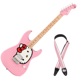 SQUIER BY FENDER HELLO KITTY STRATOCASTER PINK ELECTRIC GUITAR W/LEATHER STRAP