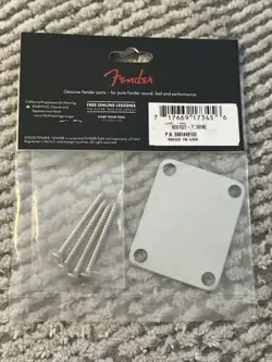 GENUINE FENDER '70S F LOGO STRAT/TELE 4-BOLT CHROME GUITAR NECK PLATE W/SCREWS