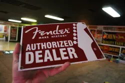 FENDER GUITAR AUTHORIZED DEALER PORCELAIN METAL SIGN BURGUNDY WHITE SILHOUETTE
