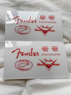 2PCS FENDER CUSTOM SHOP STRATOCASTER GUITAR BASS RED HEADSTOCK VINYL UV STICKERS
