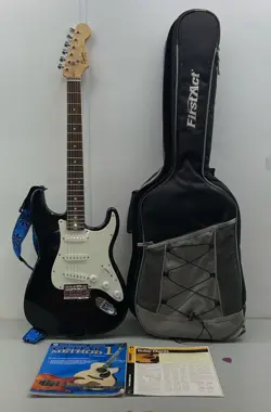 BLACK FENDER SQUIER BULLET STRATOCASTER ELECTRIC GUITAR WITH CASE & CHORD BOOKS