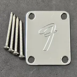 FENDER CHROME F LOGO NECK PLATE & SCREWS - STRAT / TELE ELECTRIC GUITAR