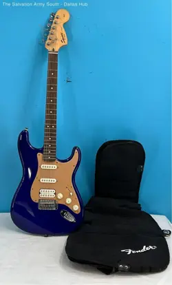 SQUIER BY FENDER BLUE/TAN STRAT RIGHT HAND ELECTRIC GUITAR IN CASE PARTS/REPAIR