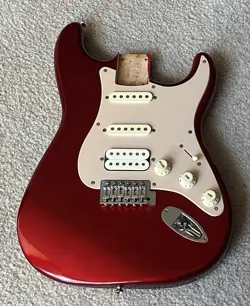 2009 CANDY APPLE RED SQUIER BY FENDER HSS STRATOCASTER W/ SWIMMING POOL ROUTE