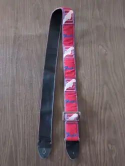 1960S FENDER LEATHER GUITAR STRAP VINTAGE EMBROIDERED RED STRAIGHT LOGO USA
