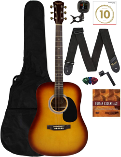FENDER SQUIER DREADNOUGHT ACOUSTIC GUITAR SUNBURST BUNDLE - WITH GIG BAG, TUNER,