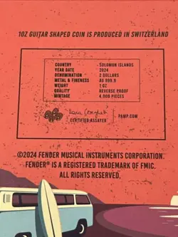 2024 1 OZ .9999 SILVER SOLOMON ISLANDS FENDER JAZZMASTER GUITAR SHAPED COIN PAMP