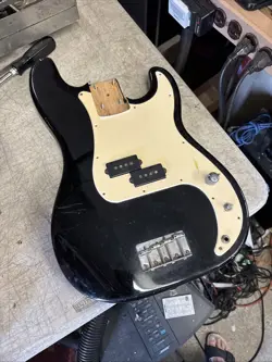 1998 FENDER SQUIER PRECISION BASS BODY BLACK LOADED W/ BRIDGE, LUTHER PARTS
