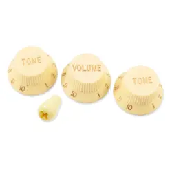STRATOCASTER/UFO STYLE KNOB SET  W SWITCH TIP FITS FENDER & MORE CREAM