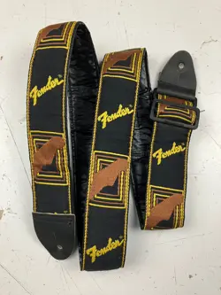 [USED] VTG FENDER 'USA' MONOGRAMMED GUITAR STRAP (BLACK/YELLOW/BROWN)