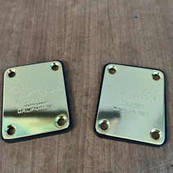 SET 2 FENDER STRAT TELE ELECTRIC GUITAR NECK PLATE GOLD ENGRAVED FENDER LOGO