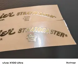 2PCS SQUIER BY FENDER STRAT GUITAR HEADSTOCK SELF-ADHESIVE METAL STICKERS GOLDEN