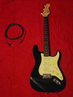 SQUIER STRAT BY FENDER ELECTRIC GUITAR - BLACK - W/ GIG BAG & INSTRUMENT CABLE
