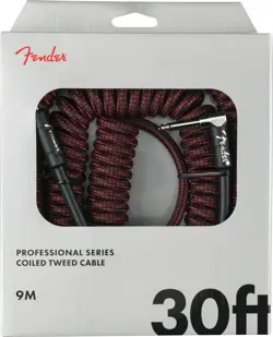 FENDER COILED GUITAR/INSTRUMENT CABLE, RED TWEED, STRAIGHT TO RIGHT-ANGLE 30'FT