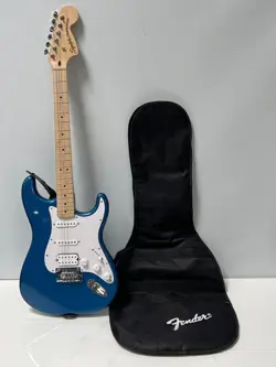 FENDER SQUIER STRATOCASTER ELECTRIC GUITAR BLUE MAPLE NECK WITH FENDER GIG BAG