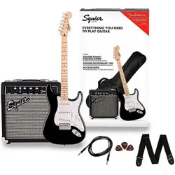 SQUIER SONIC STRATOCASTER ELECTRIC GUITAR PACK W/ FENDER FRONTMAN 10G AMP BLACK