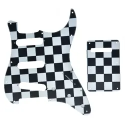 11 HOLE ST GUITAR SSS PICKGUARD & BACK PLATE FITS FENDER STRAT BLACK/WHITE GRID