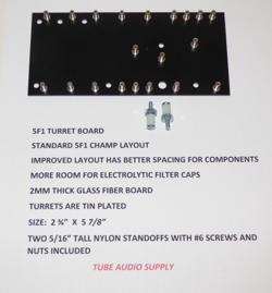 5F1 TWEED CHAMP TURRET BOARD, IMPROVED SPACING, TINNED TURRETS, W/STANDOFFS
