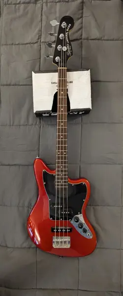 USED SQUIRE (FENDER) JAGUAR SHORT SCALE ELECTRIC BASS, RED, GOOD CONDITION