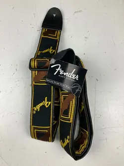[NOS] FENDER MONOGRAMMED GUITAR STRAP (BLACK/YELLOW/BROWN) W. TAG - EXTRA LONG