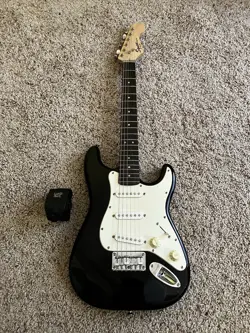 SQUIER BY FENDER MINI STRATOCASTER ELECTRIC GUITAR - BLACK W/ ERNIE BALL STRAP