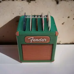 MINI GUITAR AMP PICK HOLDER, PLECTRUM DISPLAY, FENDER 5 SLOT KNOBS GREEN BROWN 