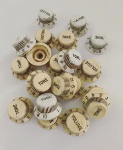 CUSTOM SET OF AGED FENDER AND GIBSON KNOBS, PICKUP COVERS, TIPS, 59 PARTS