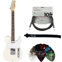 FENDER GUITAR WHITE W/ FENDER PICK, 10FT INSTRUMENT CABLE, GUITAR STRAP KIT