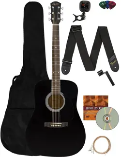 FENDER DREADNOUGHT ACOUSTIC GUITAR - BLACK BUNDLE WITH GIG BAG, TUNER, STRAP, ST
