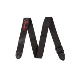 GUITAR STRAP, FENDER BLACK POLYESTER, LEATHER ENDS, RED FENDER LOGO