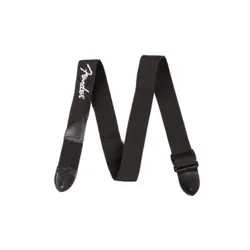 GUITAR STRAP, FENDER BLACK POLYESTER, LEATHER ENDS, WHITE FENDER LOGO