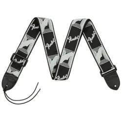 GUITAR STRAP, FENDER BLACK-LIGHT GREY-DARK GREY RUNNING LOGO, LEATHER ENDS