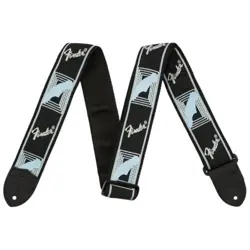 GUITAR STRAP, FENDER BLACK-LIGHT GREY-BLUE RUNNING LOGO, POLYESTER, LEATHER ENDS