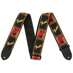 GUITAR STRAP, FENDER BLACK-YELLOW-RED RUNNING LOGO, POLYESTER, LEATHER ENDS