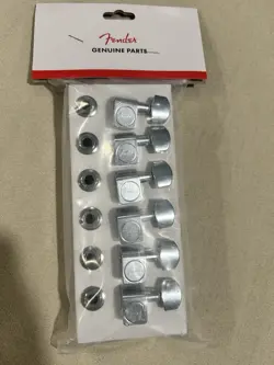 GENUINE FENDER CHROME TUNERS 6-INLINE 2-PIN STRAT/TELE F LOGO MACHINES
