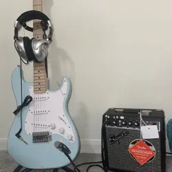 BUNDLE - SQUIER  BLUE STRATOCASTER LIMITED-EDITION ELECTRIC GUITAR + FENDER AMP