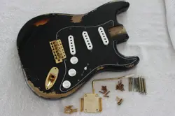 MJT STRATOCASTER BODY - BLACK OVER SUNBURST W/ A RELIC GOLD FENDER HARDWARE SET