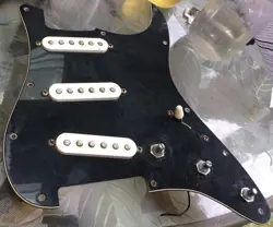 BLACK WORN WD STRAT PICKGUARD LOADED W/FENDER MIM STANDARD STRATOCASTER PICKUPS