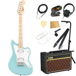 SQUIER BY FENDER MINI JAZZMASTER HH MAPLE FINGERBOARD DAPHNE BLUE WITH VOX AMP 1