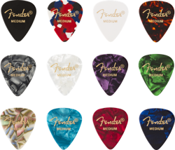 FENDER 351 SHAPE PICKS, CELLULOID MEDLEY, MEDIUM, 12 PACK