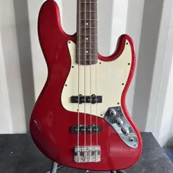 SQUIER BY FENDER JAZZ BASS ELECTRIC GUITAR USED, VINTAGE STYLE, WITH ACCESSORIE