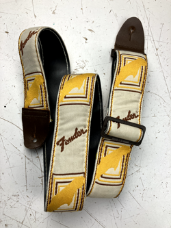 USED VTG FENDER 'USA' MONOGRAMMED GUITAR STRAP (WH/Y/BR)