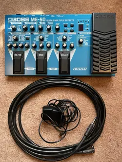 BOSS ME-50 GUITAR MULTI-EFFECTS PEDAL WITH POWER CORD AND FENDER GUITAR CABLES